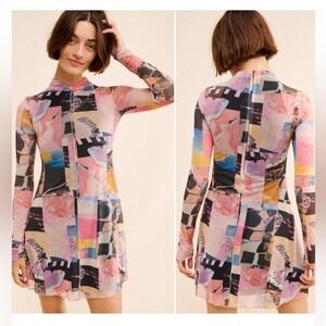 Saemdi Mesh Photo Collage Mini Dress Long SLV A-Line Art to Wear Modern XL